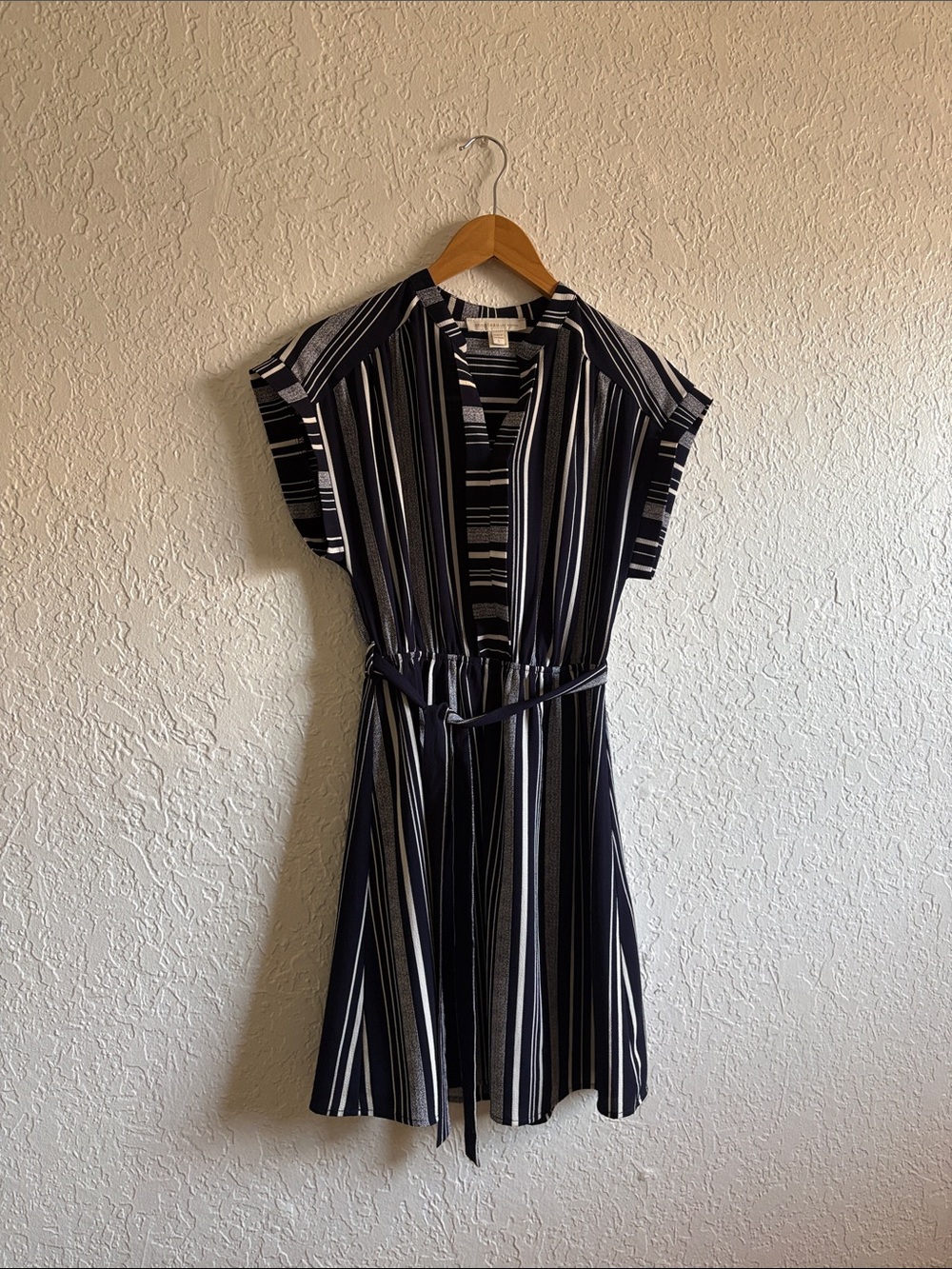 Monteau Navy and White Striped Tie-Waist Mini Dress